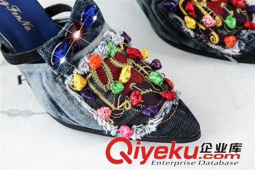 涼鞋 包郵夏季新款歐美時尚韓版牛仔洗水布串珠高跟鞋細跟女鞋子原始圖片2