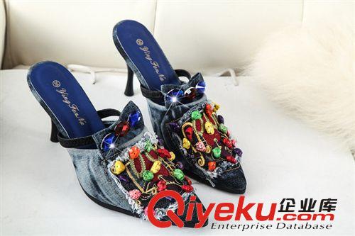 涼鞋 包郵夏季新款歐美時尚韓版牛仔洗水布串珠高跟鞋細跟女鞋子原始圖片3
