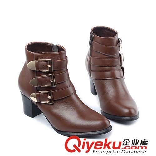 女鞋1 廠家直銷 2014秋新款成熟尖頭短靴 女粗高跟扣帶單靴 可加工定制