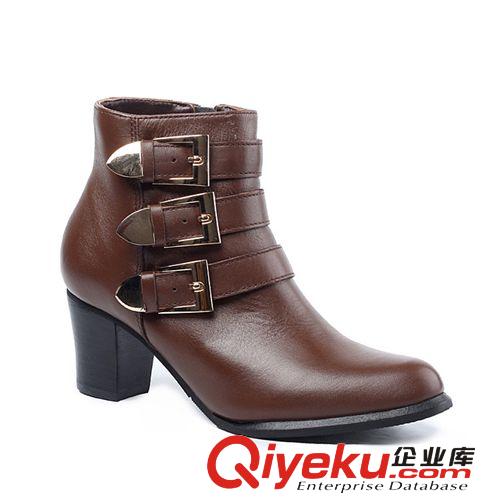 女鞋1 廠家直銷 2014秋新款成熟尖頭短靴 女粗高跟扣帶單靴 可加工定制