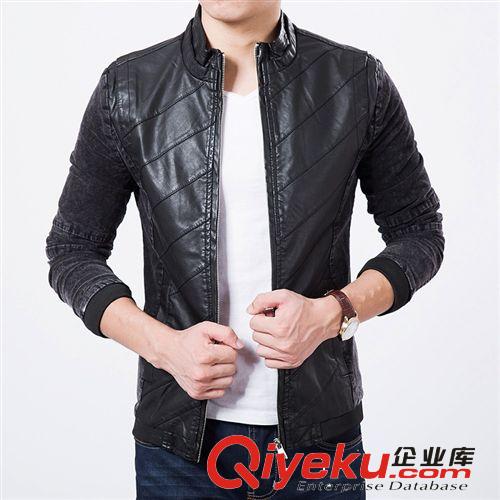 時(shí)尚皮衣 批發(fā)一件代發(fā)男裝 2014秋冬gdPU皮牛仔拼色皮衣 男皮夾克 48i02原始圖片2