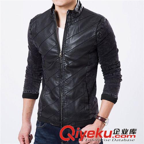 時(shí)尚皮衣 批發(fā)一件代發(fā)男裝 2014秋冬gdPU皮牛仔拼色皮衣 男皮夾克 48i02原始圖片3