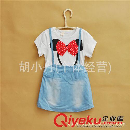 2014.4.23新品 童裝批發 夏裝 女童寶寶短袖連衣裙 假兩件牛仔裙 可愛卡通原始圖片2