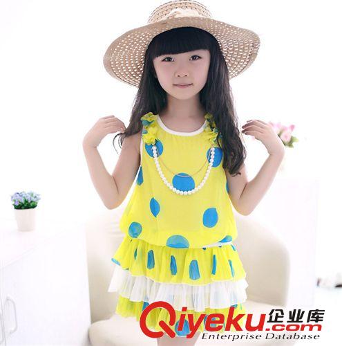 2014夏款新品 韓版原單童裙 田園風(fēng)情藍(lán)白點(diǎn)連衣裙 中大女童背心裙 品牌童裝