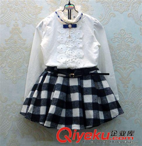 時(shí)尚套裝 童套裝 韓版長袖中小女童套裝裙 秋款 蘇格蘭黑白格兩件套裙套裝