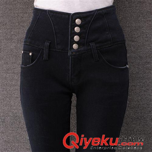 牛仔褲按特點 2014加絨加厚 黃金絨 牛仔女長褲 彈力淑女高腰4排扣女裝批發原始圖片2