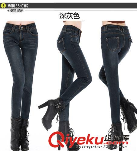 代理加盟 秋冬新款韓版顯瘦高彈力排扣加絨牛仔褲女加厚小腳鉛筆褲一件代發(fā)原始圖片2