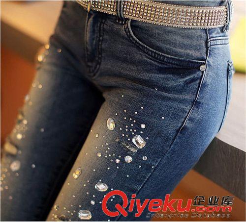 一件代發(fā) 秋冬新款韓國牛仔褲 女式大碼緊身破洞水鉆小腳鉛筆長褲一件代發(fā)原始圖片2