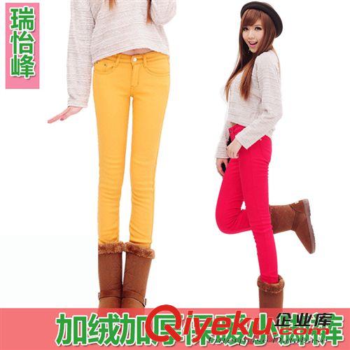 現(xiàn)貨 秋冬新款加絨加厚牛仔褲保暖修身顯瘦小褲腳女式彩色褲棉彈原始圖片2