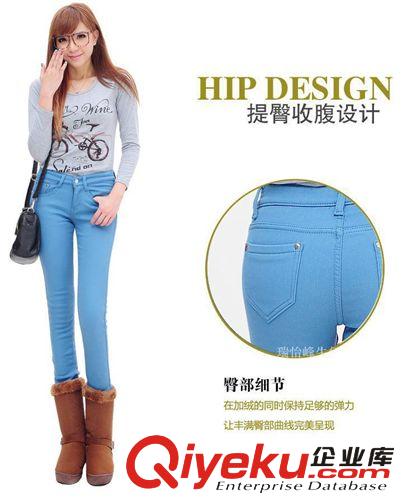 現(xiàn)貨 秋冬新款加絨加厚牛仔褲保暖修身顯瘦小褲腳女式彩色褲棉彈原始圖片3