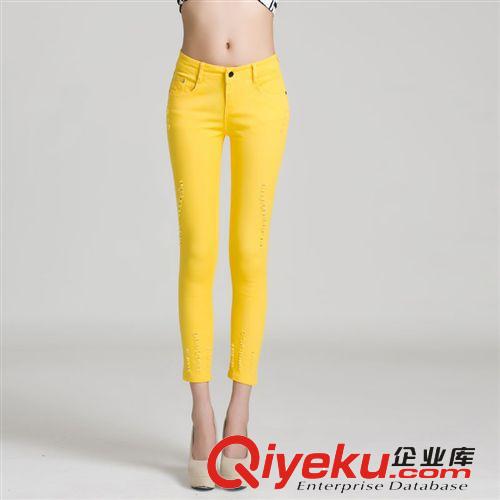 彩色褲 2014新款女式牛仔褲彩色九分褲修身顯瘦磨破高糖果色鉛筆褲大碼裝原始圖片2