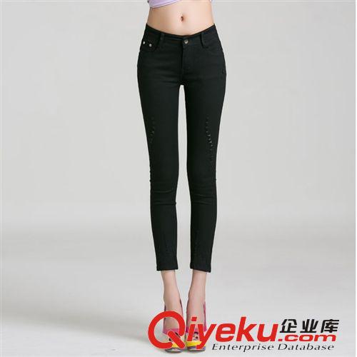 彩色褲 2014新款女式牛仔褲彩色九分褲修身顯瘦磨破高糖果色鉛筆褲大碼裝原始圖片3