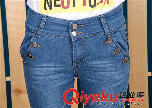 女式牛仔褲 2014新款雙排扣中高腰牛仔褲修身顯瘦彈力時尚小腳鉛筆褲女褲