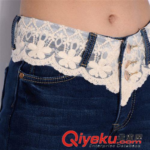 女裝加絨牛仔褲 2014年韓版秋冬款花邊蕾絲牛仔褲淺色加絨女式中高腰牛仔褲批發(fā)原始圖片3