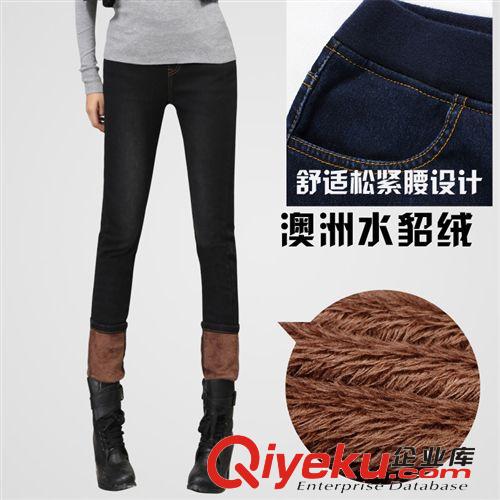 女裝加絨牛仔褲 2014冬季新品 ss保暖抗寒螺紋松緊腰小腳加絨加厚女長褲 批發(fā)爆