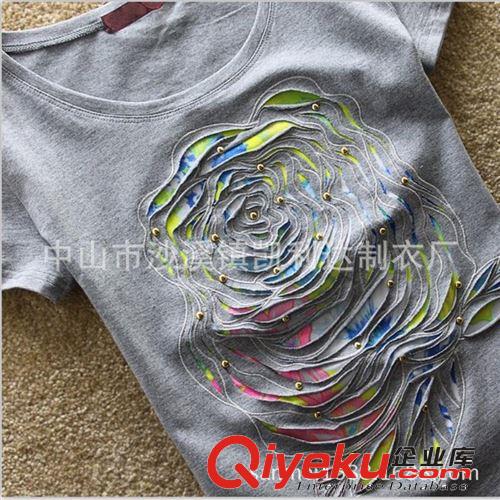 歐洲站新品 女式修身T恤 玫瑰花貼布刺繡圖案 歡迎來圖來樣訂做原始圖片2