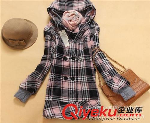 【熱銷】學(xué)院風(fēng)韓版雙排扣中長(zhǎng)款抓粒絨連帽格子女衛(wèi)衣 多款供選原始圖片3