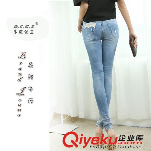 2014夏季新款批發潮流小腳漸變色磨爛女士修身提臀牛仔褲小腳褲原始圖片3