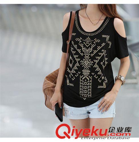 2014潮流春夏必備新品 韓版燙鉆圓領(lǐng)插肩袖女裝短袖T恤 時尚必備原始圖片3
