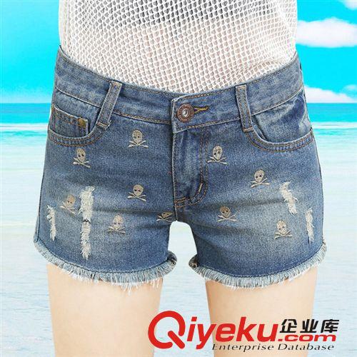 牛仔短褲 女 顯瘦夏季蕾絲邊牛仔短褲 女 韓版潮骷髏頭復古熱褲