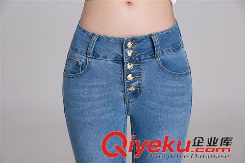 韓版修身顯瘦淺色九分牛仔褲女批發高腰排扣鉛筆褲小腳褲一件代發原始圖片2