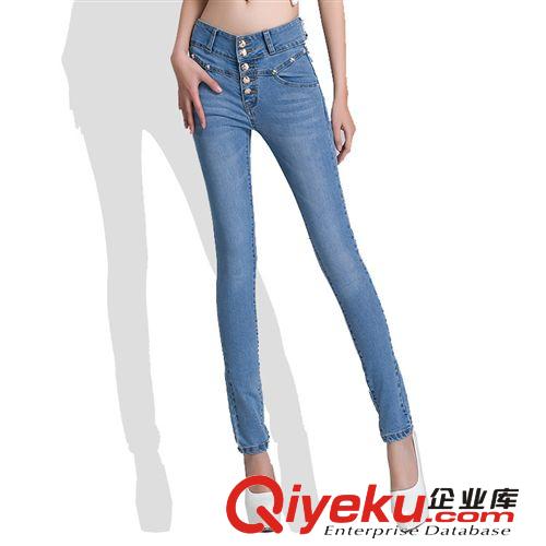 廠家批發2014新款韓版中腰排扣牛仔褲女 一件代發淺色小腳鉛筆褲原始圖片2