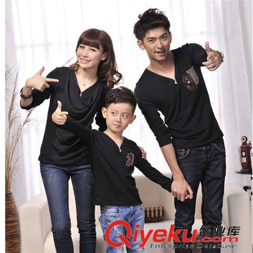 2013秋裝新款長袖韓版親子套裝V領(lǐng)拉鏈女裝拼接雪紡衫時尚情侶裝原始圖片3