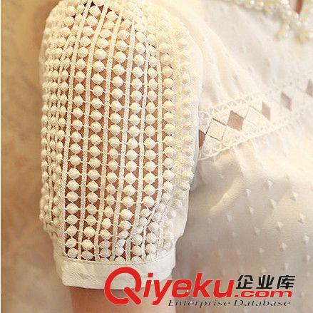 廠家批發(fā) 雪紡衫女夏裝新款短袖修身鏤空蕾絲V領潮白色打底衫原始圖片3