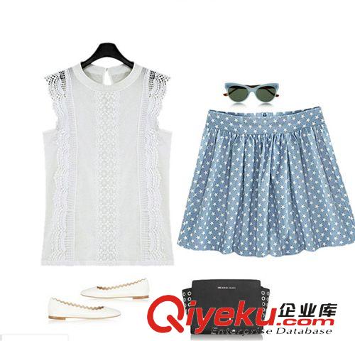 2014夏裝歐美風小清新無袖亞麻蕾絲上衣+高腰星星傘裙套裝原始圖片3