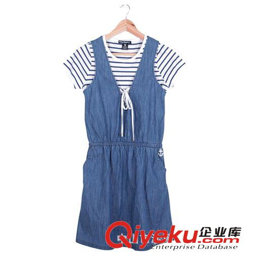廠價批發韓版女裝海軍風條紋牛仔裙兩件套短袖連衣裙棉#320原始圖片2