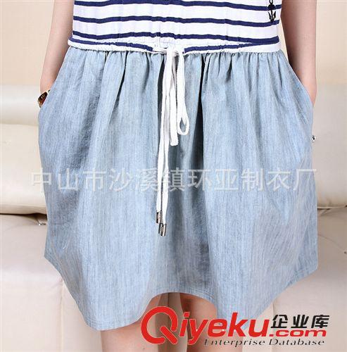 2014夏季新款小熊少女連衣裙海軍風(fēng)條紋牛仔連衣裙學(xué)生裝大碼純棉原始圖片3