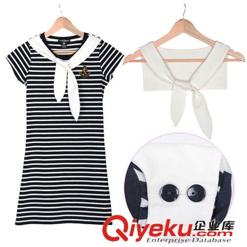 廠價批發韓版女裝條紋可愛海軍風繡花短袖連衣裙棉#1181原始圖片2
