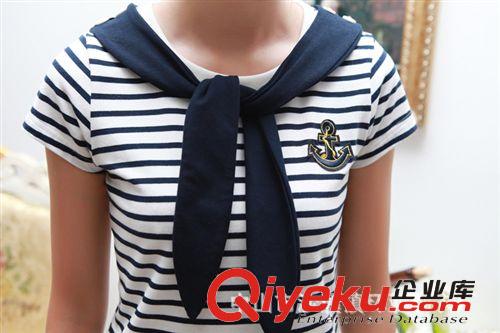 廠價批發韓版女裝條紋可愛海軍風繡花短袖連衣裙棉#1181原始圖片3