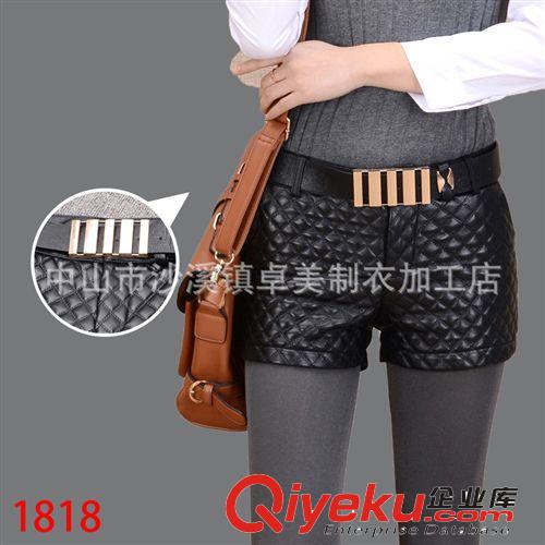 【商家力薦】純棉pu拼接短褲帶皮帶 AB面拼接氣質(zhì)顯瘦女式短褲