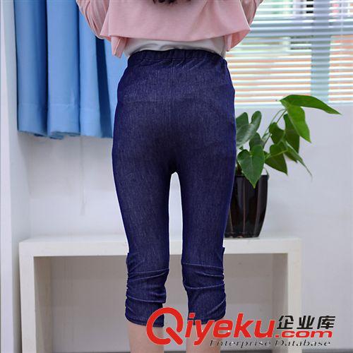 新款夏季大碼女高彈仿牛仔褲性感銅扣七分打底褲 可做孕婦打底褲原始圖片3