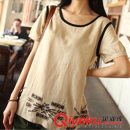 2014夏季新款品牌女裝日系森女文藝范刺繡娃娃領(lǐng)棉麻女t恤短袖