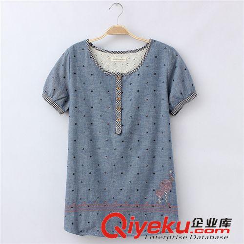 廠家直銷 2014新款 日系女裝刺繡貓頭鷹拼接棉麻短袖女式襯衫1101