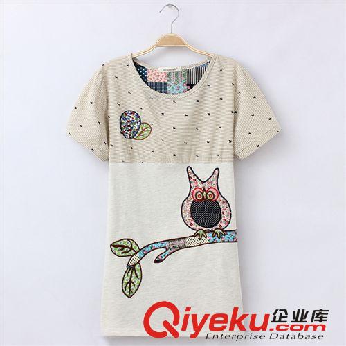 廠家直銷 2014新款 日系女裝刺繡貓頭鷹拼接棉麻短袖女式襯衫1101原始圖片2