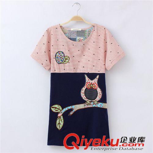廠家直銷 2014新款 日系女裝刺繡貓頭鷹拼接棉麻短袖女式襯衫1101原始圖片3