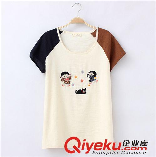 外貿(mào)原單森女系亞麻女裝夏季 熱銷棉麻文藝刺繡短袖t恤女 夏裝女