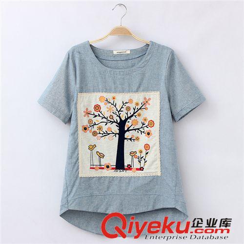 夏季熱賣新款日系女裝棉麻刺繡兩個(gè)女孩短袖寬松大碼短袖女t恤女