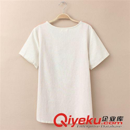 爆款韓國(guó)可愛(ài)風(fēng)女裝刺繡打傘小女孩貼布拼色寬松棉麻短袖t恤女原始圖片3
