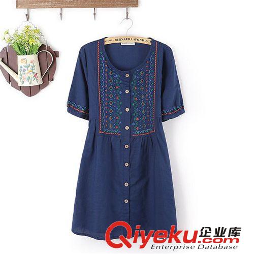 2014夏季新款女 日系森女系刺繡名族風(fēng)單排扣圓領(lǐng)短袖連衣裙1009原始圖片2