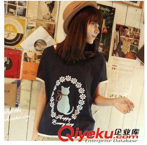2014新款夏季體恤 女款素色印花花環(huán)貓咪圖案 女士t恤衫日系953原始圖片2