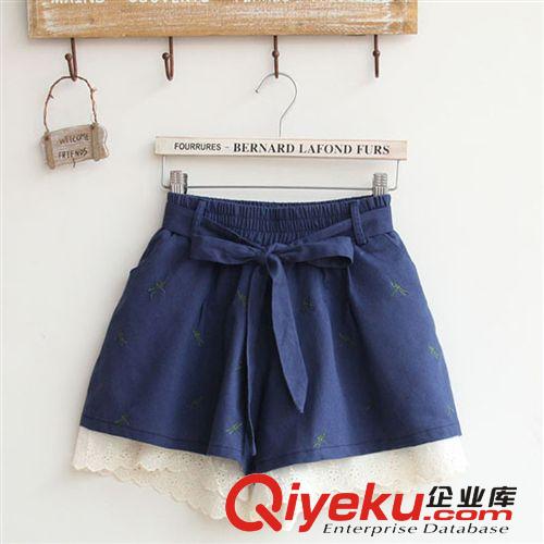2014夏季新款 日森女系 文藝小蜻蜓刺繡松緊腰棉麻裙褲女士935原始圖片3