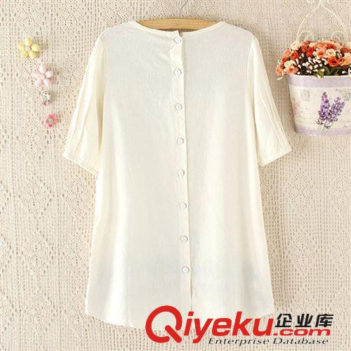 2014夏季新款日單女裝刺繡瑪雅白色棉麻短袖t恤女寬松女式t恤批發(fā)原始圖片2