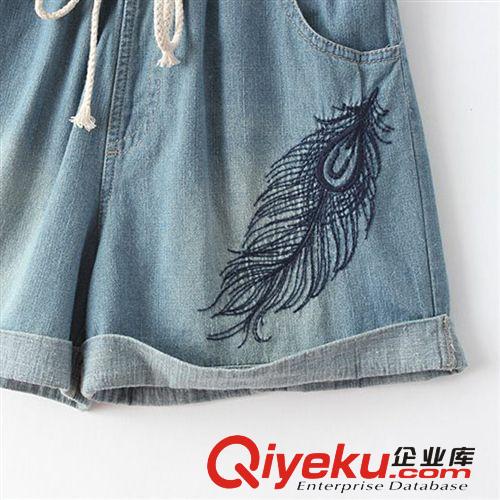 日系森女  2014夏季新款 刺繡羽毛松緊抽繩牛仔褲女士短款  902原始圖片3