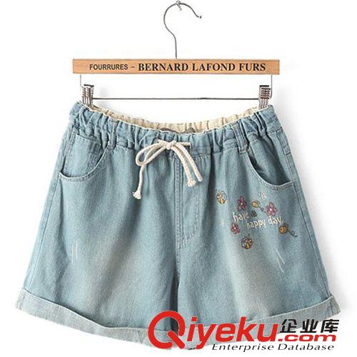 日系森女  2014夏季新款 刺繡羽毛松緊抽繩牛仔褲女士短款  902