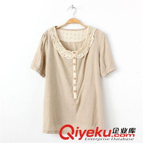 日系女裝2014夏季新款棉麻印花腰鼓花口袋拼接花邊寬松連衣裙775