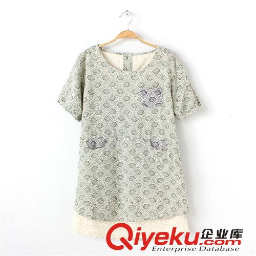 日系女裝2014夏季新款棉麻印花腰鼓花口袋拼接花邊寬松連衣裙775原始圖片2